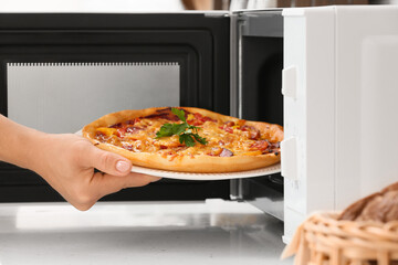 Woman putting plate with delicious pizza into microwave oven in kitchen, closeup