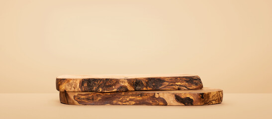 Fototapeta premium Two wood pieces pedestals. Background for food, perfume, jewellery and cosmetic products. Front view.