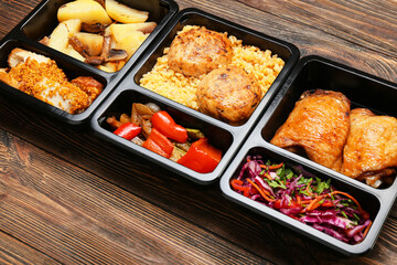 Food containers with different meals on wooden table, closeup