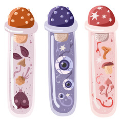 Set of three potion glass vials with amanita cap