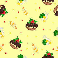 Yellow seamless background with Christmas socks, cute gloves and other little things. Vector pattern with Christmas cozy socks and toys. Christmas pattern for fabric, paper.