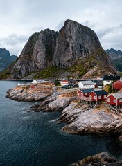 Reinefjorden Lofoten Noorwegen beroemde rode huizen