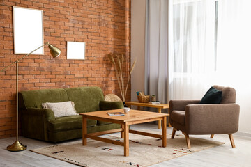 Interior of stylish living room with sofa, armchair and wooden coffee tables