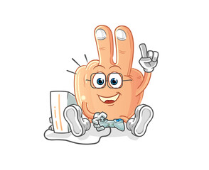 peace finger head cartoon playing video games. cartoon character