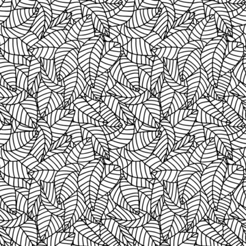 Black and white hand drawn leaves zentangle seamless pattern. Doodle style vector.