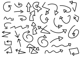 Set of different black, hand drawn, comic-stile arrows. Icons. Vector illustration.
