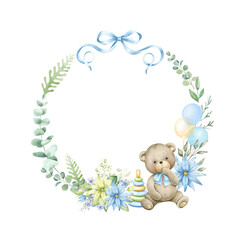 Floral frame with Teddy bear. Watercolor illustration for baby boy shower. - obrazy, fototapety, plakaty