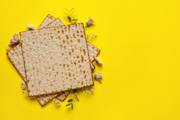 Jewish flatbread with flowers on color background