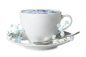 Cup of blue matcha latte and gypsophila flowers on white background