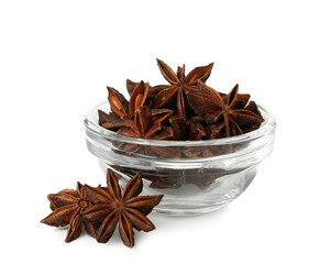 Bowl of star anise on white background