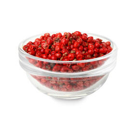 Bowl of red peppercorns on white background