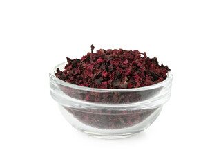 Bowl of dried hibiscus on white background
