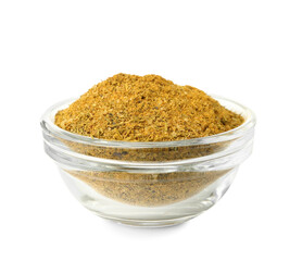 Bowl of mustard powder on white background