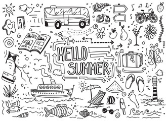 Vector summer doodle elements drawn by digital pen
