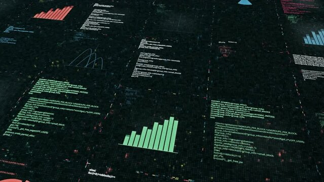 Digital cyberspace with data analysis process, high tech concept. Animation. Blocks of endlessly written program code, seamless loop.