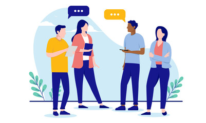 Standing business meeting - Four people in casual clothing having a stand up meeting and discussion in office. Flat design vector illustration with white background