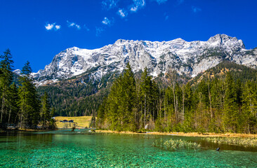 Lake Hintersee next to Ramsau, Bavaria, Germany, in a sunny day in winter