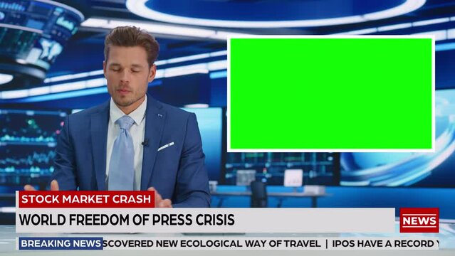 Newsroom TV Studio Live News Program: Caucasian Male Presenter Reporting Bad News, Green Screen Chroma Key Screen Picture. Television Cable Channel Anchor Talks. Network Broadcast Mock-up Playback