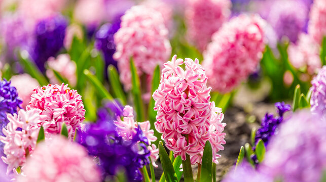 Closeup macro photo of pink, purple, blue growing fragrant hyacinth flowers in botanical garden, traditional easter flower, spring background. Selective focus. Template for festive greeting post card.