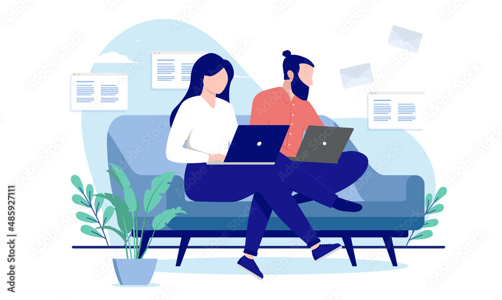 Poster Couple working in sofa - Man and woman sitting with computers doing work at home. Flat design vector illustration with white background