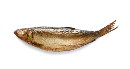 Smoked herring fish on white background