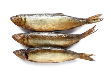 Smoked herring fishes on white background
