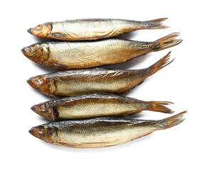 Smoked herring fishes on white background