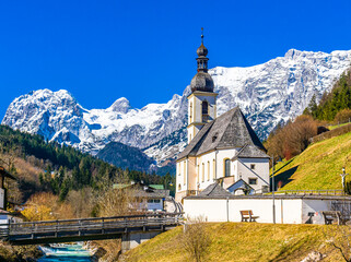 Fototapeta na wymiar The famous church Saint Sebastian at Ramsau, Berchtesgaden, Bavaria, Germany 
