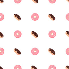 Pink flat donuts on white background.3d donut pattern for print design. Vector illustration print