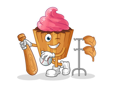 Cupcake Playing Baseball Mascot. Cartoon Vector