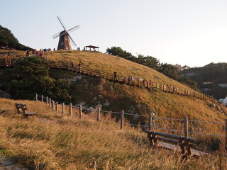 Windmill on a hill in Namhae, South Korea