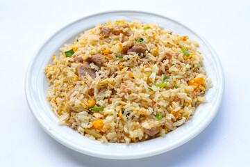 Fried rice in white plate on white background.