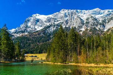 Lake Hintersee next to Ramsau, Bavaria, Germany, in a sunny day in winter