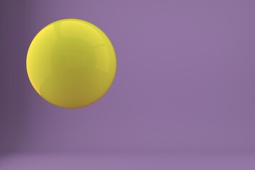 Yellow ball with reflection on a violet background, 3d rendered illustration