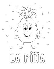 pineapple in spanish, cute cartoon fruit coloring page for kids. you can print it on standard 8.5 x 11 inch paper