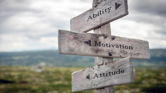 ability motivation attitude text quote on wooden signpost outdoors in nature. Slow pan and zoom 4k video footage.