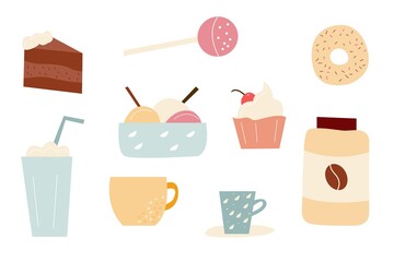 Cute coffee set with desserts and drinks. Vector minimalistic illustration in  flat cartoon style with cake, cupcake, ice cream, cups isolated on white background. Suitable for menu and presentations