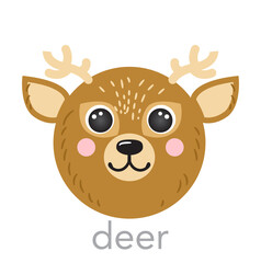 Deer Cute portrait with name text smile head cartoon round shape animal face, isolated avatar vector icon illustrations. Flat simple hand drawn for kids poster, ui app, t-shirts, baby clothes