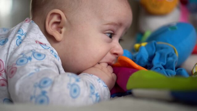 Newborn Active Baby Cute Smiling Teethless Face Portrait Early Days On Stomach Developing Neck Control. 5 Months Child In Playpen Gnaws Toys Look At Camera. Infant, Childbirth, Beginning Concept