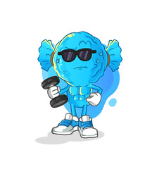 candy head cartoon lifting dumbbell vector. cartoon character