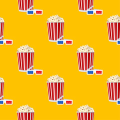 Cartoon illustration with yellow popcorn pattern on yellow background. Pink, white pattern vector illustration