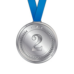 Second place silver medal with blue ribbon on a white background