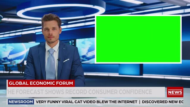 Newsroom TV Studio Live News Program: Caucasian Male Presenter Reporting, Green Screen Chroma Key Screen Picture. Television Cable Channel Anchor Talks. Network Broadcast Mock-up Playback. Static