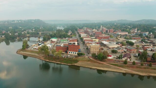 Aerial View of Marietta and it's Waterfront along the Ohio River 4K UHD