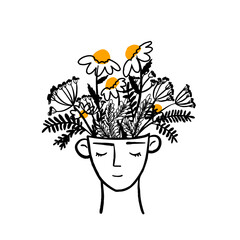 Hand drawn flowers in head. Self education, study, knowledge, improvement, mental health concept. Abstract face with flowers vector drawing. Botanical print. Nature symbol of cosmetics. Fashion print