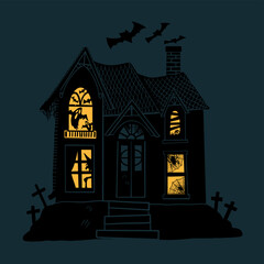 Vector Halloween house silhouette with ghosts, spiders, witch, zombie. Spooky house of scary beasts on colored background