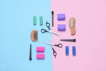 Set of different hairdresser's tools and hair curlers on color background