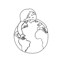 Cute Child hugs a globe. Outline Postcard for the Earth day with motivation phrase for saving planet. Ink drawn vector Childish Illustration with hand written Lettering