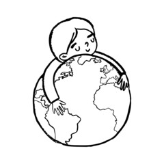Cute Child hugs a globe. Outline Postcard for the Earth day with motivation phrase for saving planet. Ink drawn vector Childish Illustration with hand written Lettering