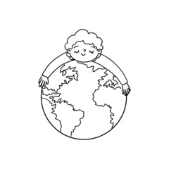 Cute Child hugs a globe. Outline Postcard for the Earth day with motivation phrase for saving planet. Ink drawn vector Childish Illustration with hand written Lettering